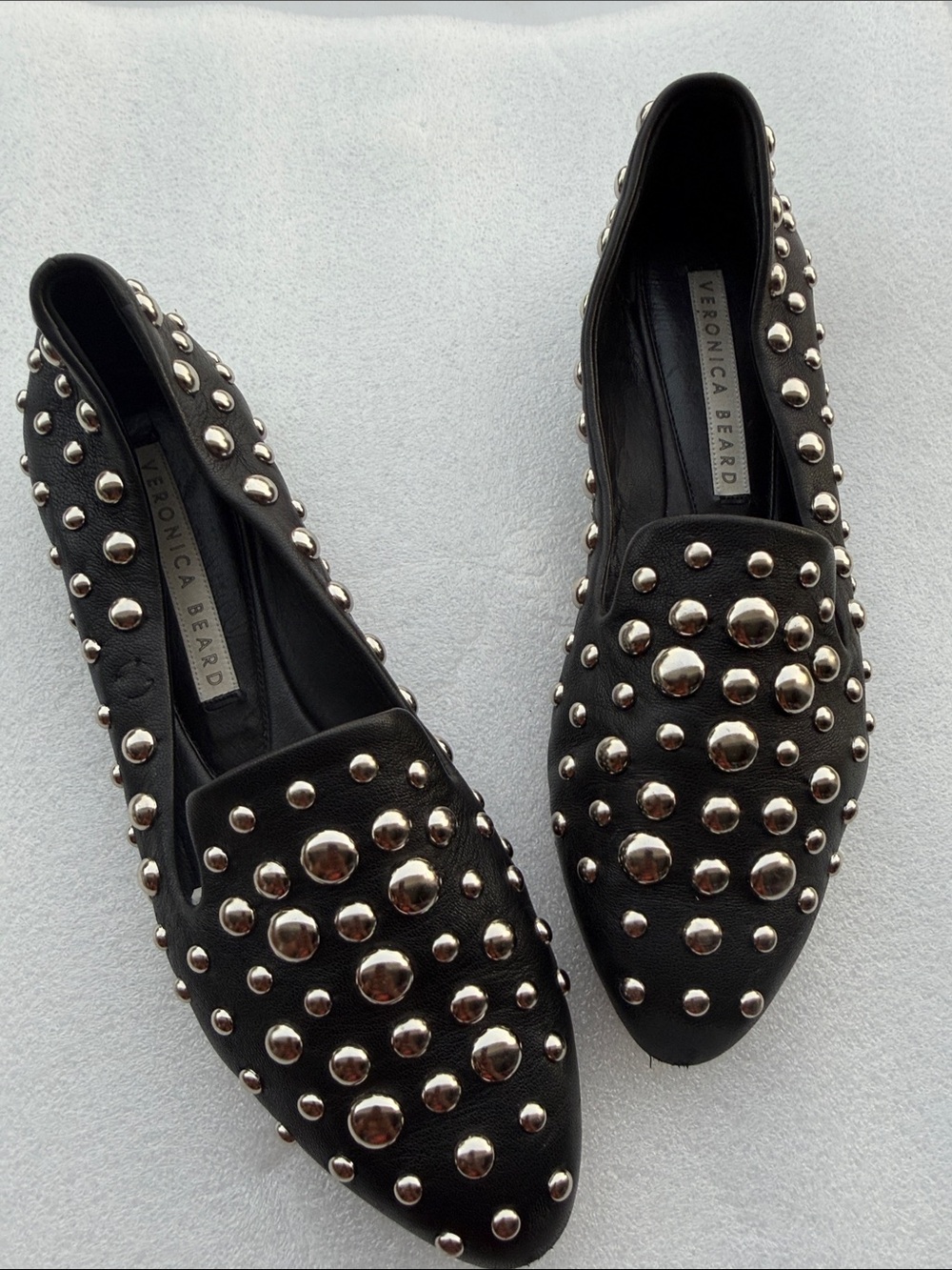 Veronica Beard Black Leather Studded Pointed Loafers